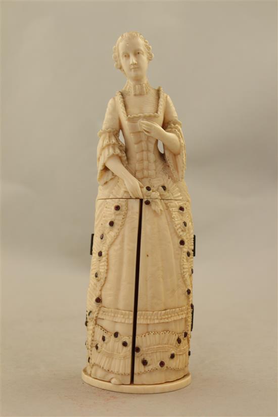 A 19th century Dieppe carved ivory triptych figure, 8in.